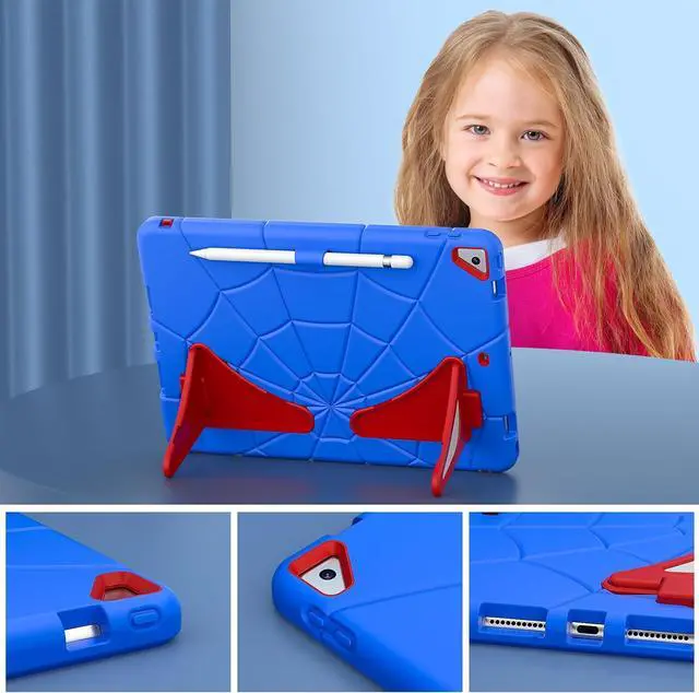 Alt view image 6 of 7 - BONAEVER Kids Case for iPad 10.2 Inch 2021 2020 2019, 9th/8th/7th Generation, Heavy Duty Shockproof Rugged Protective Cover with pencil holder, Kickstand Blue/Red