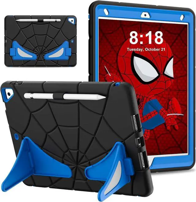 Main image of BONAEVER Kids Case for iPad 10.2 Inch 2021 2020 2019, 9th/8th/7th Generation, Heavy Duty Shockproof Rugged Protective Cover with pencil holder, Kickstand Black/Blue