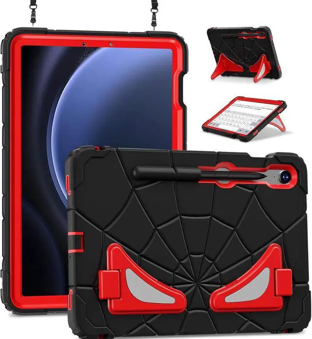 Main image of BONAEVER Tablet Case For Samsung Galaxy Tab S10 Lite / S10 FE / S9 FE 10.9 inch / S9 / S8 / S7 11 inch with Stand, Shoulder Strap, Thickned Cornor Impact Protective Cover for Kids Boys Black/Red