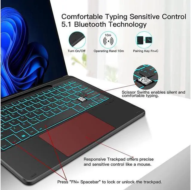 Alt view image 5 of 7 - BONAEVER Type Cover for 13 inch Microsoft Surface Pro 10 / Pro 9 / Pro 8 / Pro X Wireless Thin Bluetooth Keyboard with Trackpad, 7 Colors Backlit Pencil Holder