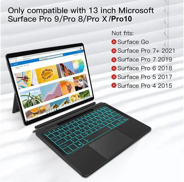 Alt view image 2 of 7 - BONAEVER Type Cover for 13 inch Microsoft Surface Pro 10 / Pro 9 / Pro 8 / Pro X Wireless Thin Bluetooth Keyboard with Trackpad, 7 Colors Backlit Pencil Holder