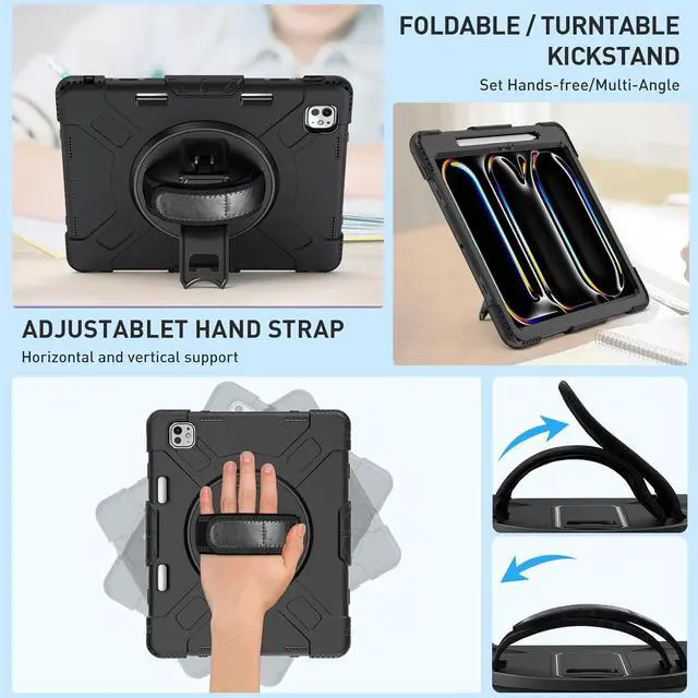 Alt view image 3 of 7 - BONAEVER Case for iPad Pro 13 Inch M4 2024 7th Generation with Built-in Screen Protector, 360° Rotating Stand, Adjustable Shoulder Strap, Precise Cutouts, Pencil Holder