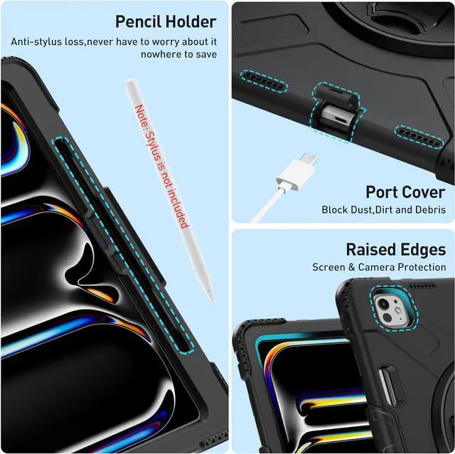 Alt view image 4 of 7 - BONAEVER Case for iPad Pro 13 Inch M4 2024 7th Generation with Built-in Screen Protector, 360° Rotating Stand, Adjustable Shoulder Strap, Precise Cutouts, Pencil Holder