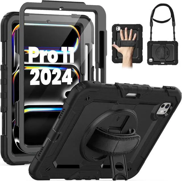 Main image of BONAEVER for iPad Pro 11 Inch Case 2024 M4 2024 5th Generation A2836/A2837/A3006 Protective Cover with Built-in Screen Protector, 360° Rotating Stand, Adjustable Shoulder Strap, Pencil Holder