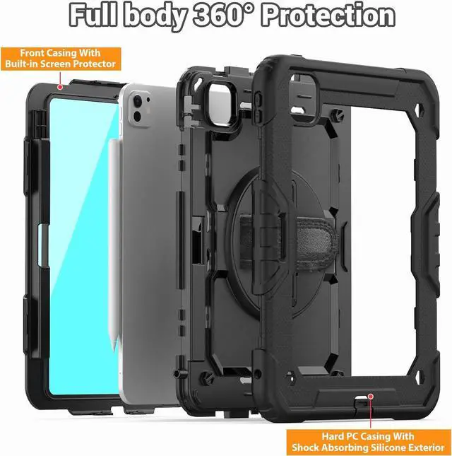 Alt view image 7 of 7 - BONAEVER for iPad Pro 11 Inch Case 2024 M4 2024 5th Generation A2836/A2837/A3006 Protective Cover with Built-in Screen Protector, 360° Rotating Stand, Adjustable Shoulder Strap, Pencil Holder