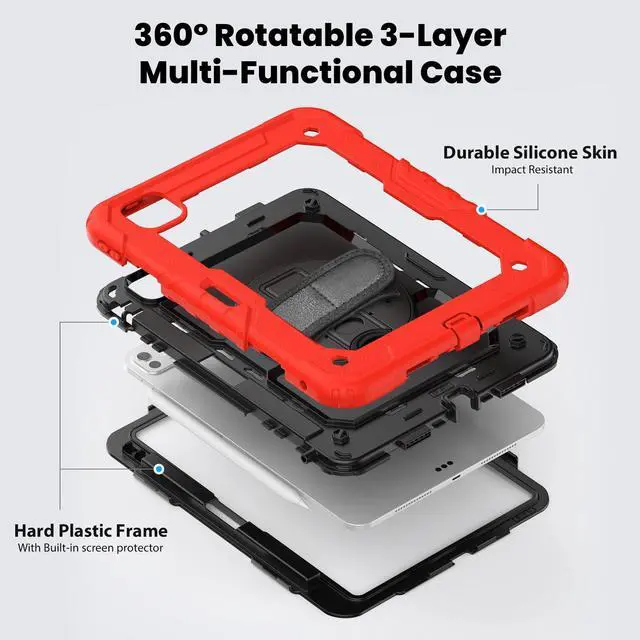 Alt view image 7 of 7 - BONAEVER for iPad Pro 11 Inch Case 2024 M4 2024 5th Generation A2836/A2837/A3006 Protective Cover with Built-in Screen Protector, 360° Rotating Stand, Adjustable Shoulder Strap, Pencil Holder Red