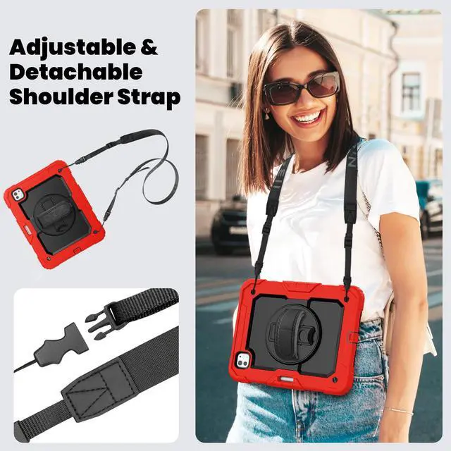 Alt view image 5 of 7 - BONAEVER for iPad Pro 11 Inch Case 2024 M4 2024 5th Generation A2836/A2837/A3006 Protective Cover with Built-in Screen Protector, 360° Rotating Stand, Adjustable Shoulder Strap, Pencil Holder Red