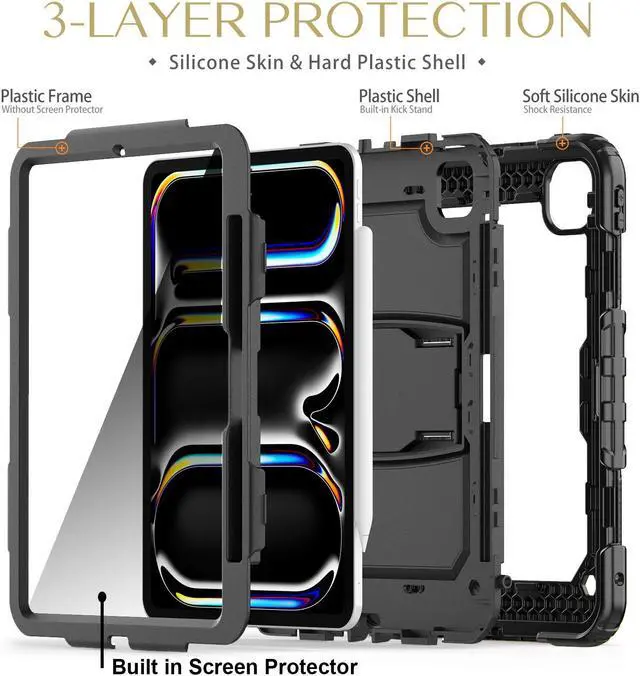 Alt view image 4 of 7 - BONAEVER Shockproof Case for iPad Pro 11 Inch 2024 M4 2024 5th Generation A2836/A2837/A3006 Protective Cover with Screen Protector, Built-in Stand