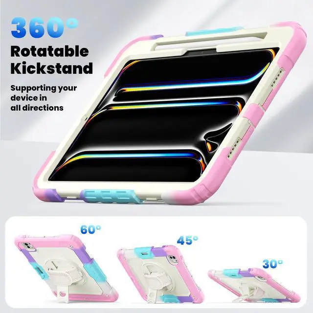 Alt view image 3 of 7 - BONAEVER for iPad Pro 11 Inch Case 2024 M4 2024 5th Generation A2836/A2837/A3006 Protective Cover with Built-in Screen Protector, 360° Rotating Stand, Adjustable Shoulder Strap, Pencil Holder Pink