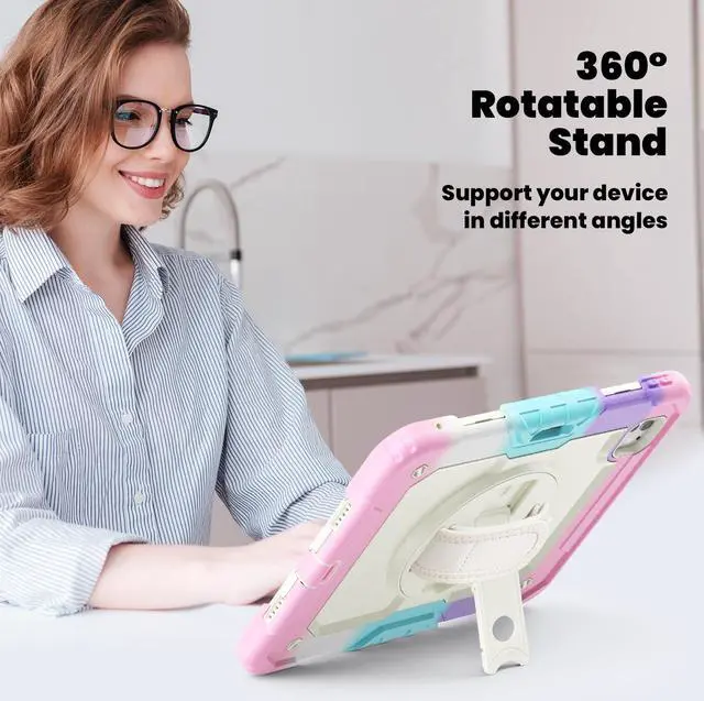 Alt view image 6 of 7 - BONAEVER for iPad Pro 11 Inch Case 2024 M4 2024 5th Generation A2836/A2837/A3006 Protective Cover with Built-in Screen Protector, 360° Rotating Stand, Adjustable Shoulder Strap, Pencil Holder Pink