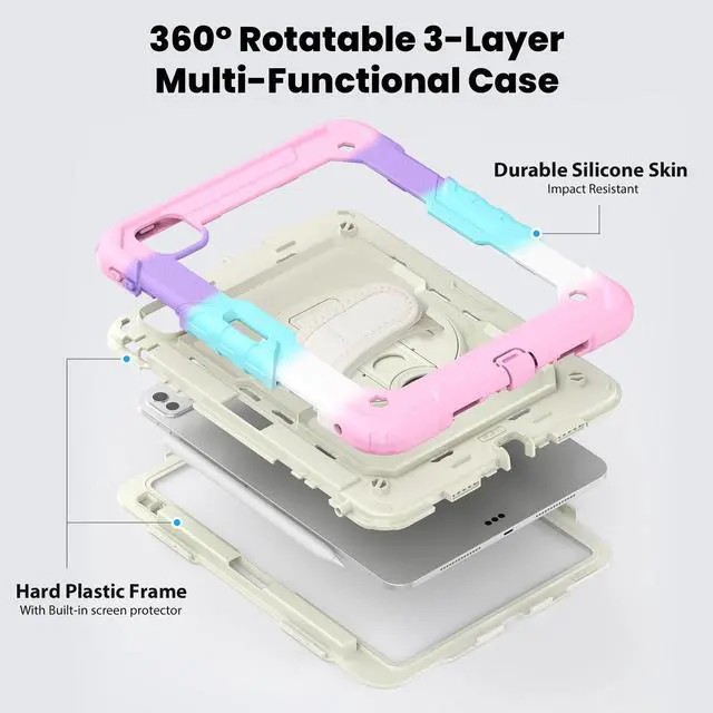 Alt view image 7 of 7 - BONAEVER for iPad Pro 11 Inch Case 2024 M4 2024 5th Generation A2836/A2837/A3006 Protective Cover with Built-in Screen Protector, 360° Rotating Stand, Adjustable Shoulder Strap, Pencil Holder Pink