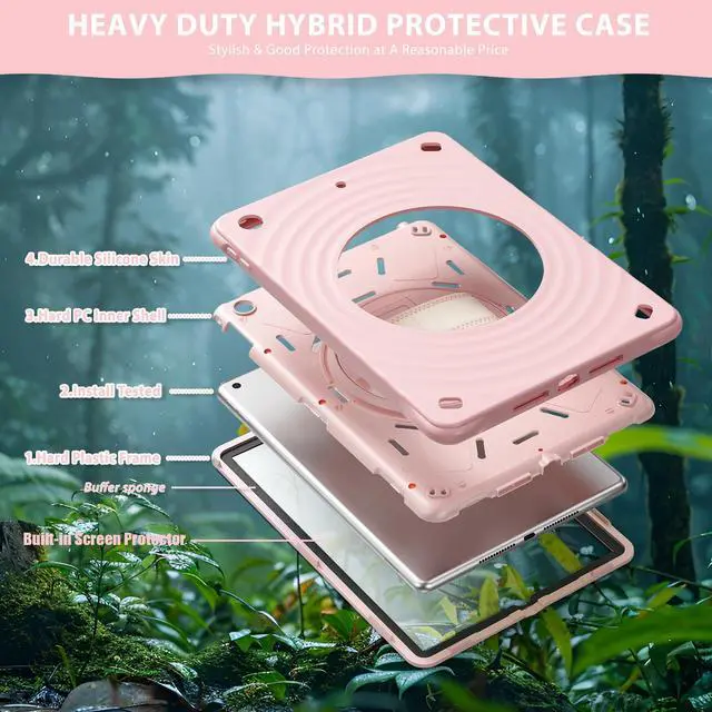 Alt view image 7 of 7 - BONAEVER Case for iPad 10.2 inch 9th 8th 7th Generation 2021 2020 2019 with Built-in Screen Protector, 360° Rotating Stand, Adjustable Shoulder Strap, Hand Strap, Pencil Holder Pink