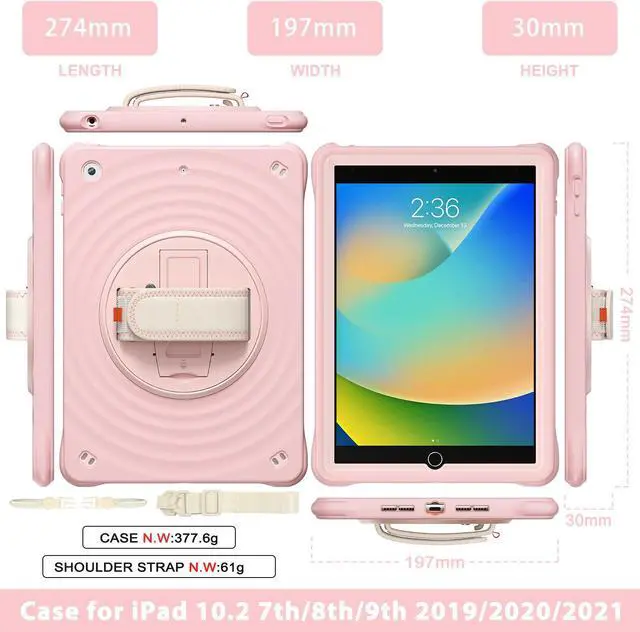 Alt view image 6 of 7 - BONAEVER Case for iPad 10.2 inch 9th 8th 7th Generation 2021 2020 2019 with Built-in Screen Protector, 360° Rotating Stand, Adjustable Shoulder Strap, Hand Strap, Pencil Holder Pink