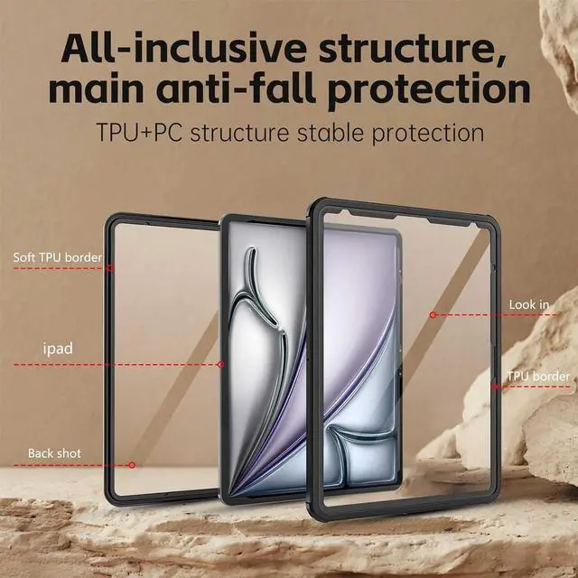 Alt view image 5 of 7 - BONAEVER Waterproof Case for iPad Air 13 inch M3 M2 2025 2024, iPad Air 13 7th 6th Gen Case [Built-in Screen Protector] [IP68 Waterproof] Shockproof Protective Cover with Kickstand, Shoulder Strap