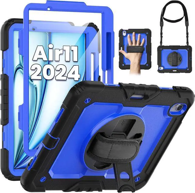 Main image of BONAEVER Case for iPad Air 11 inch 7th 6th Generation M3 M2 2025 2024, Heavy Duty Shockproof Protective Cover with Screen Protector, Stand and Hand/Shoulder Strap Blue