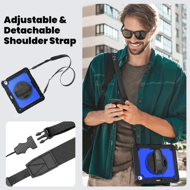 Alt view image 5 of 7 - Case for iPad Air 13 inch M3 2025 / M2 2024 with Built-in Screen Protector, 360° Rotating Stand, Adjustable Shoulder Strap, Pencil Holder Blue
