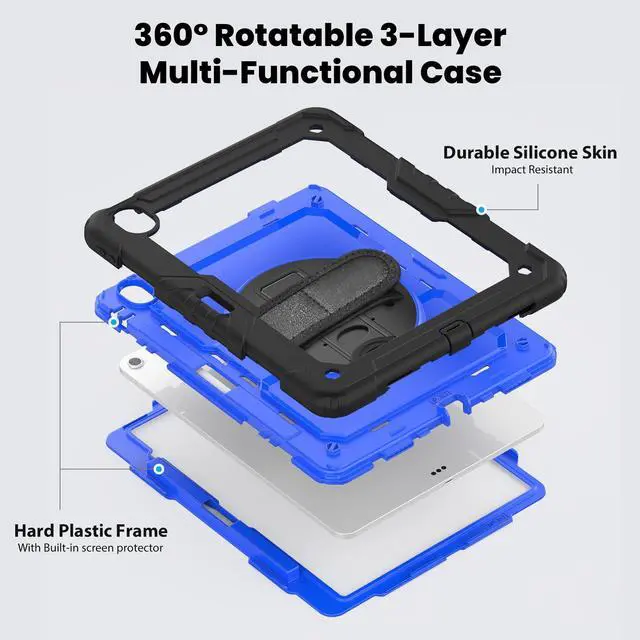Alt view image 6 of 7 - Case for iPad Air 13 inch M3 2025 / M2 2024 with Built-in Screen Protector, 360° Rotating Stand, Adjustable Shoulder Strap, Pencil Holder Blue