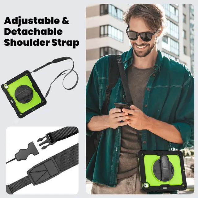 Alt view image 5 of 7 - Case for iPad Air 13 inch M3 2025 / M2 2024 with Built-in Screen Protector, 360° Rotating Stand, Adjustable Shoulder Strap, Pencil Holder Green