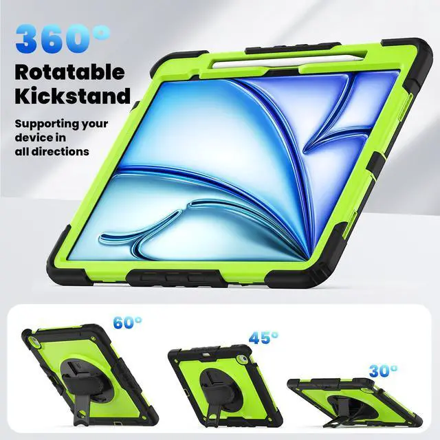 Alt view image 3 of 7 - Case for iPad Air 13 inch M3 2025 / M2 2024 with Built-in Screen Protector, 360° Rotating Stand, Adjustable Shoulder Strap, Pencil Holder Green