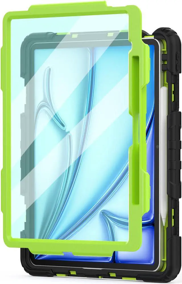 Alt view image 7 of 7 - Case for iPad Air 13 inch M3 2025 / M2 2024 with Built-in Screen Protector, 360° Rotating Stand, Adjustable Shoulder Strap, Pencil Holder Green