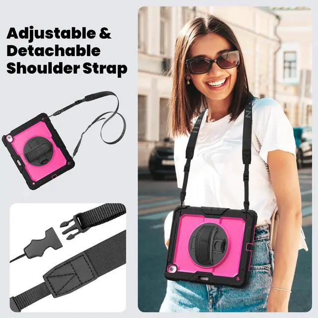 Alt view image 5 of 7 - Case for iPad Air 13 inch M3 2025 / M2 2024 with Built-in Screen Protector, 360° Rotating Stand, Adjustable Shoulder Strap, Pencil Holder Rose Red
