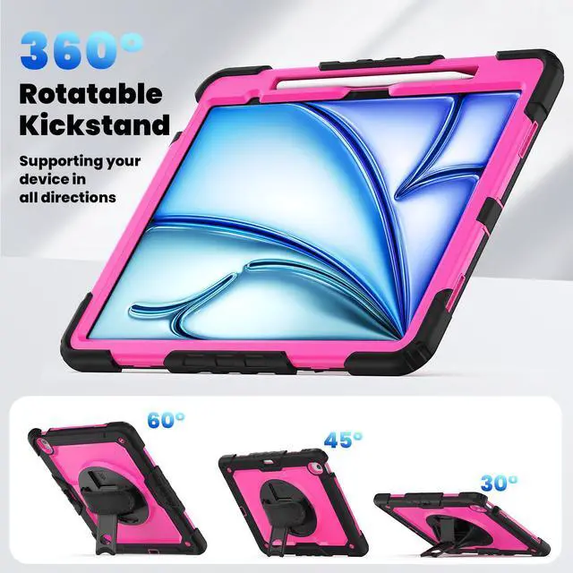 Alt view image 3 of 7 - Case for iPad Air 13 inch M3 2025 / M2 2024 with Built-in Screen Protector, 360° Rotating Stand, Adjustable Shoulder Strap, Pencil Holder Rose Red