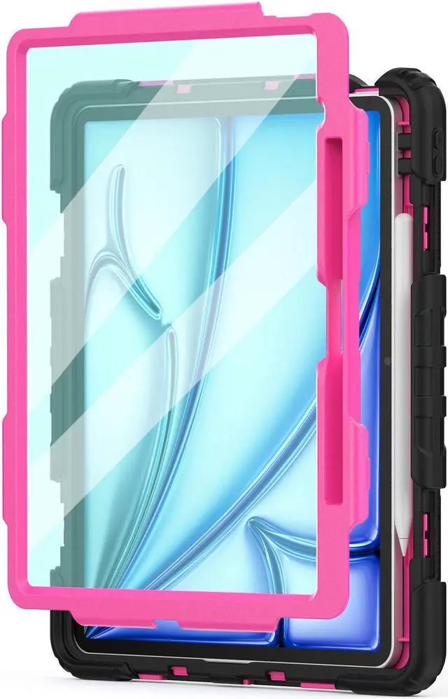 Alt view image 7 of 7 - Case for iPad Air 13 inch M3 2025 / M2 2024 with Built-in Screen Protector, 360° Rotating Stand, Adjustable Shoulder Strap, Pencil Holder Rose Red