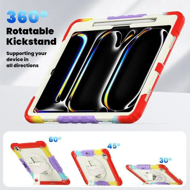 Alt view image 3 of 7 - Case for iPad Pro 13 Inch M4 2024 7th Generation A2925 A2926 A3007 with Built-in Screen Protector, 360° Rotating Stand, Adjustable Shoulder Strap, Pencil Holder Rainbow Red