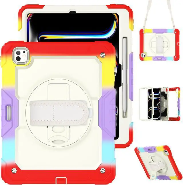 Main image of Case for iPad Pro 13 Inch M4 2024 7th Generation A2925 A2926 A3007 with Built-in Screen Protector, 360° Rotating Stand, Adjustable Shoulder Strap, Pencil Holder Rainbow Red