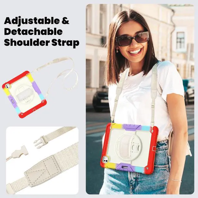 Alt view image 5 of 7 - Case for iPad Pro 13 Inch M4 2024 7th Generation A2925 A2926 A3007 with Built-in Screen Protector, 360° Rotating Stand, Adjustable Shoulder Strap, Pencil Holder Rainbow Red