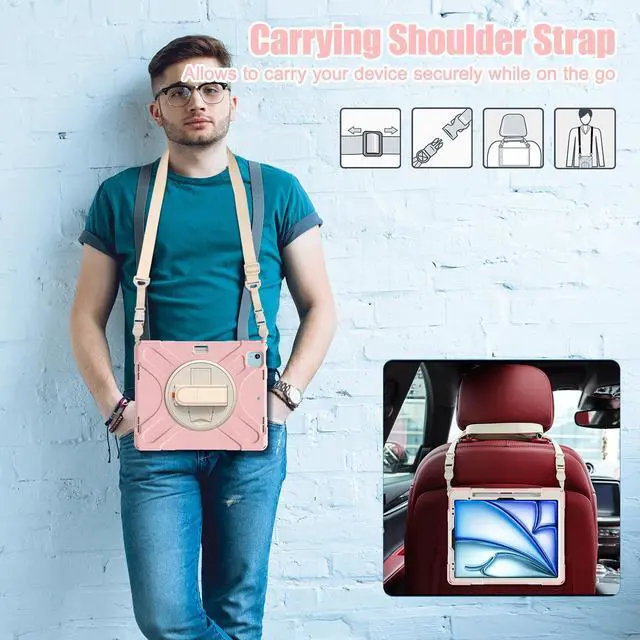 Alt view image 3 of 7 - Case for iPad Air 13 inch M3 2025 M2 2024 and iPad Pro 12.9 2022 - 2018 6th/5th/4th/3rd Gen with Built-in Screen Protector, 360° Rotating Stand, Adjustable Shoulder Strap, Pencil Holder, Pink