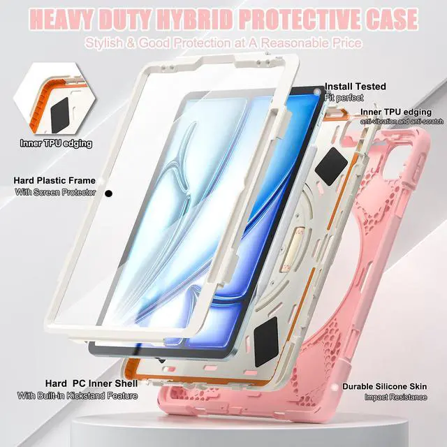 Alt view image 6 of 7 - Case for iPad Air 13 inch M3 2025 M2 2024 and iPad Pro 12.9 2022 - 2018 6th/5th/4th/3rd Gen with Built-in Screen Protector, 360° Rotating Stand, Adjustable Shoulder Strap, Pencil Holder, Pink