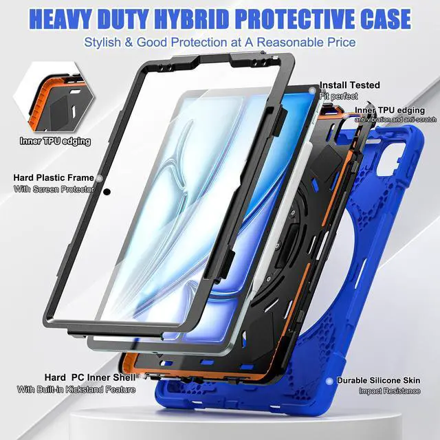 Alt view image 6 of 7 - Case for iPad Air 13 inch M3 2025 M2 2024 and iPad Pro 12.9 2022 - 2018 6th/5th/4th/3rd Gen with Built-in Screen Protector, 360° Rotating Stand, Adjustable Shoulder Strap, Pencil Holder Blue