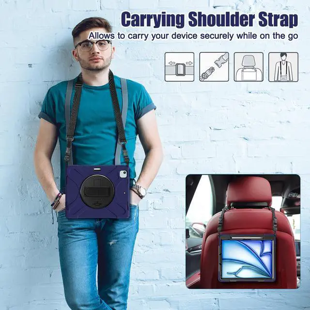 Alt view image 3 of 7 - Case for iPad Air 13 inch M3 2025 M2 2024 and iPad Pro 12.9 2022 - 2018 6th/5th/4th/3rd Gen with Built-in Screen Protector, 360° Rotating Stand, Adjustable Shoulder Strap, Pencil Holder Navy Blue
