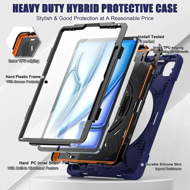 Alt view image 6 of 7 - Case for iPad Air 13 inch M3 2025 M2 2024 and iPad Pro 12.9 2022 - 2018 6th/5th/4th/3rd Gen with Built-in Screen Protector, 360° Rotating Stand, Adjustable Shoulder Strap, Pencil Holder Navy Blue