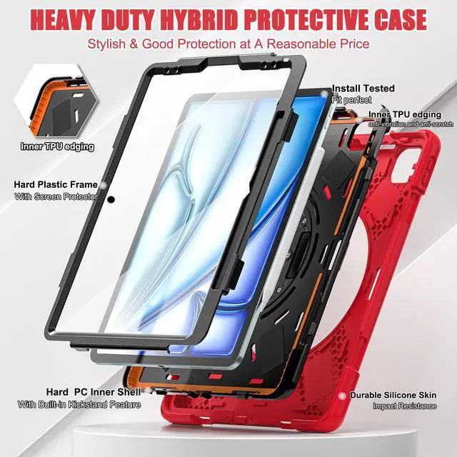 Alt view image 7 of 7 - Case for iPad Air 13 inch M3 2025 M2 2024 and iPad Pro 12.9 2022 - 2018 6th/5th/4th/3rd Gen with Built-in Screen Protector, 360° Rotating Stand, Adjustable Shoulder Strap, Pencil Holder Red
