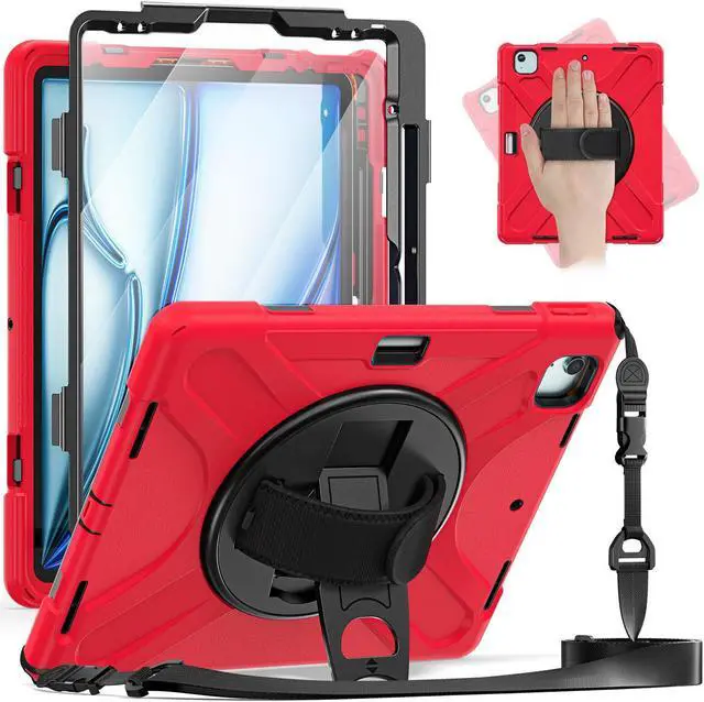 Main image of Case for iPad Air 13 inch M3 2025 M2 2024 and iPad Pro 12.9 2022 - 2018 6th/5th/4th/3rd Gen with Built-in Screen Protector, 360° Rotating Stand, Adjustable Shoulder Strap, Pencil Holder Red