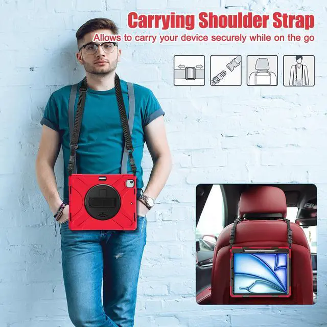 Alt view image 3 of 7 - Case for iPad Air 13 inch M3 2025 M2 2024 and iPad Pro 12.9 2022 - 2018 6th/5th/4th/3rd Gen with Built-in Screen Protector, 360° Rotating Stand, Adjustable Shoulder Strap, Pencil Holder Red