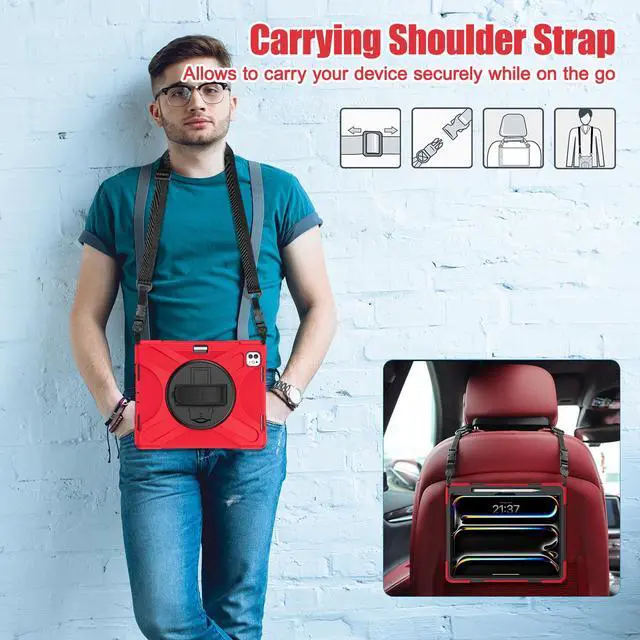 Alt view image 7 of 7 - BONAEVER Case for iPad Pro 13 Inch M4 2024 7th Generation with Built-in Screen Protector, 360° Rotating Stand, Adjustable Shoulder Strap, Stylus Pen, Pencil Holder Red