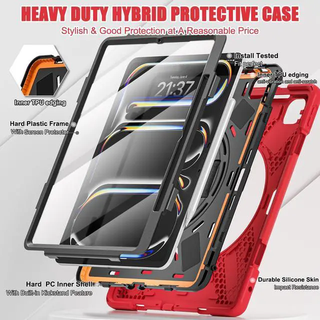 Alt view image 4 of 7 - BONAEVER Case for iPad Pro 13 Inch M4 2024 7th Generation with Built-in Screen Protector, 360° Rotating Stand, Adjustable Shoulder Strap, Stylus Pen, Pencil Holder Red