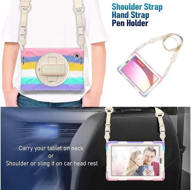 Alt view image 4 of 7 - BONAEVER For Lenovo Tab M8 4th Gen 2024 2023 TB-301XU TB-300FU TB-300XU Shockproof Protective Cover with H & Shoulder Strap Stand and Pencil Holder Stylus Pen Pink/White