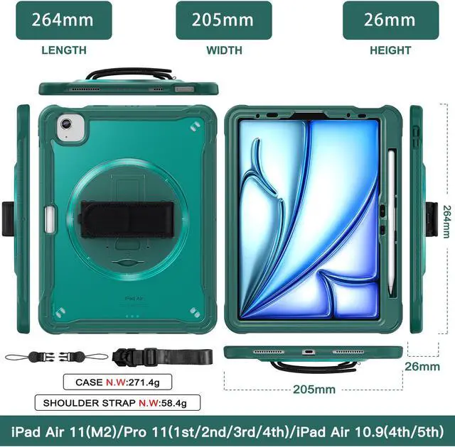 Alt view image 7 of 7 - BONAEVER Case for iPad Air 11 inch M3 M2 2025 2024, iPad Air 5 Air 4 10.9 inch 2022 2020, iPad Pro 11 Inch 2022 - 2018 Heavy Duty Rugged Shockproof Cover with 360° Rotating Hand/Shoulder Strap Stand