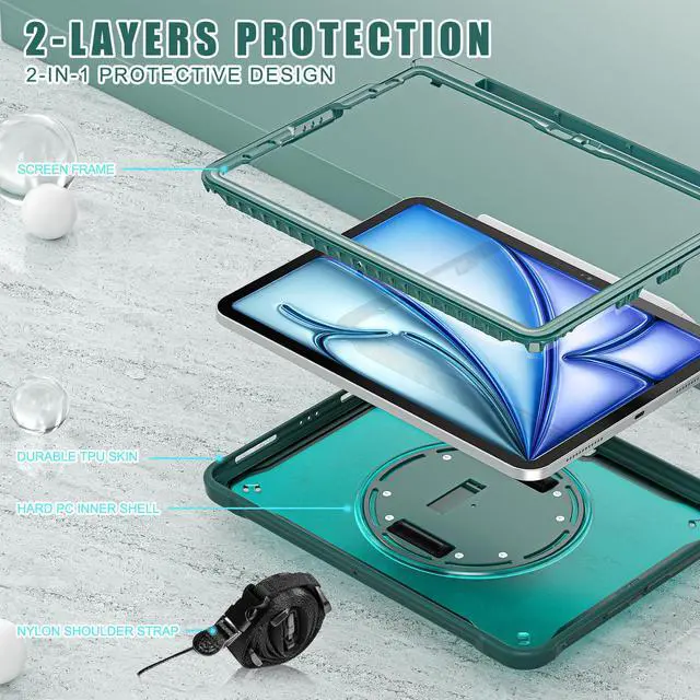 Alt view image 6 of 7 - BONAEVER Case for iPad Air 11 inch M3 M2 2025 2024, iPad Air 5 Air 4 10.9 inch 2022 2020, iPad Pro 11 Inch 2022 - 2018 Heavy Duty Rugged Shockproof Cover with 360° Rotating Hand/Shoulder Strap Stand