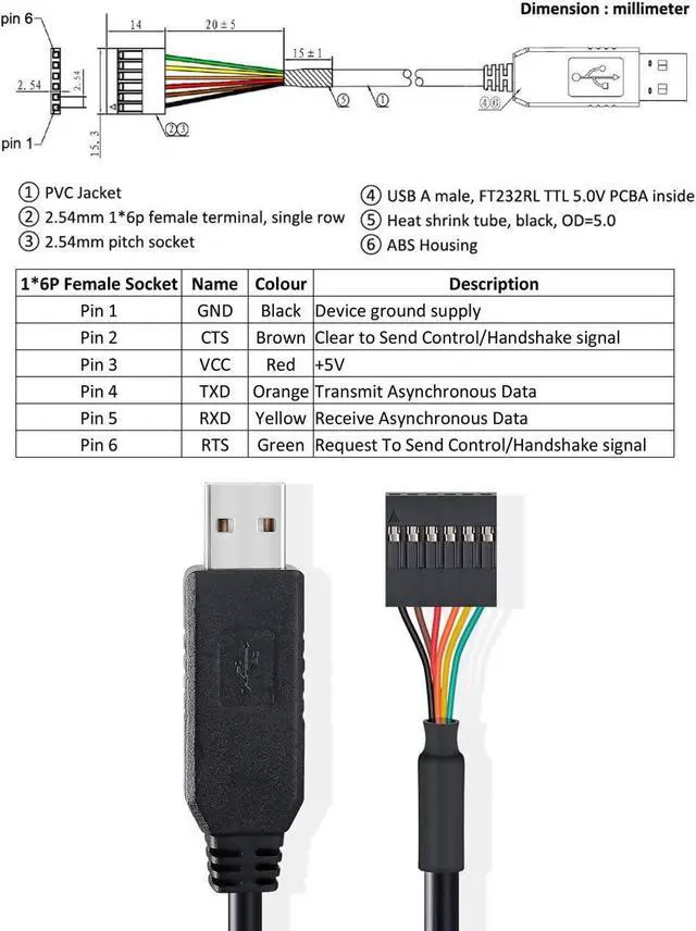 Alt view image 6 of 7 - BONAEVER USB to TTL Serial 5V Adapter Cable with FTDI FT232RL Chip 6 Pin 0.1 inch Pitch Female Socket Header UART IC Windows 11 10 8 7 Linux MAC OS (6ft, Black)