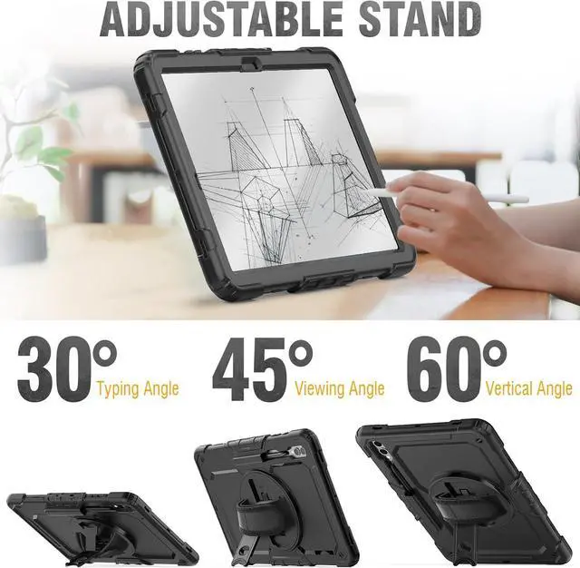 Alt view image 6 of 7 - BONAEVER Case for Samsung Galaxy Tab S10 Plus 2024 / S9 Plus / S9 FE Plus 12.4 inch 2023 Protective Cover with Screen Protector/Pen Holder/Rotating Stand /Hand Strap/Shoulder Strap/ Stylus Pen