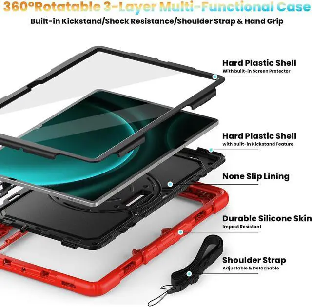 Alt view image 4 of 6 - BONAEVER For Samsung Galaxy Tab S10 Ultra / S9 Ultra / S8 Ultra 14.6 inch Case with S Pen Holder Rugged Shockproof Protective Cover with Rotating Stand and & Shoulder Strap, Stylus Pen Red