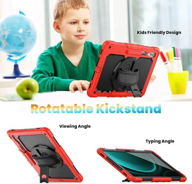 Alt view image 3 of 6 - BONAEVER For Samsung Galaxy Tab S10 Ultra / S9 Ultra / S8 Ultra 14.6 inch Case with S Pen Holder Rugged Shockproof Protective Cover with Rotating Stand and & Shoulder Strap, Stylus Pen Red