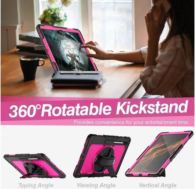 Alt view image 4 of 7 - BONAEVER For Samsung Galaxy Tab S10 Ultra / S9 Ultra / S8 Ultra 14.6 inch Case with S Pen Holder Rugged Shockproof Protective Cover with Rotating Stand and & Shoulder Strap, Stylus Pen Rose Red