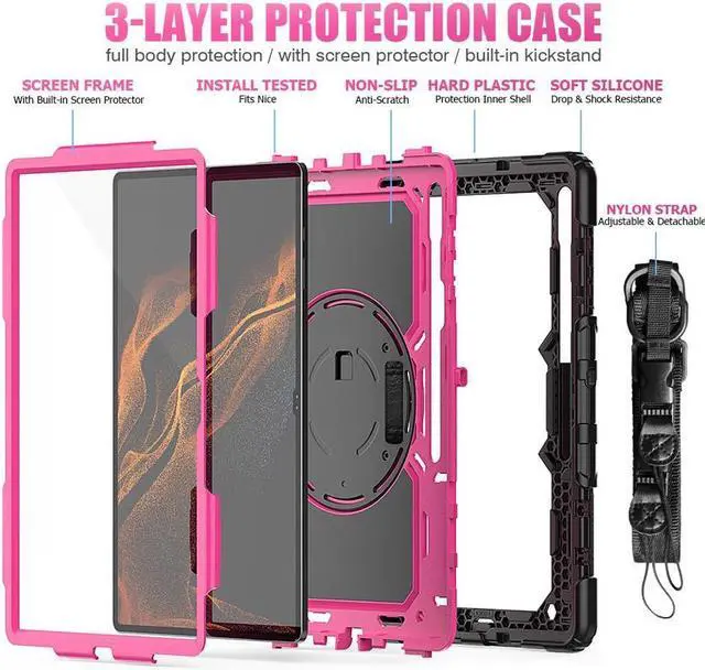 Alt view image 5 of 7 - BONAEVER For Samsung Galaxy Tab S10 Ultra / S9 Ultra / S8 Ultra 14.6 inch Case with S Pen Holder Rugged Shockproof Protective Cover with Rotating Stand and & Shoulder Strap, Stylus Pen Rose Red