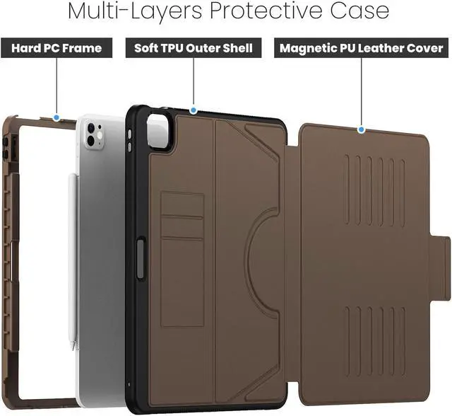 Alt view image 3 of 7 - BONAEVER Case For iPad Pro 13 inch M4 2024 7th Generation A2925 A2926 A3007, Smart Magnetic Auto Sleep Shockproof Cover with Multi-Angles Stand, Pen Holder, Card Slot Brown